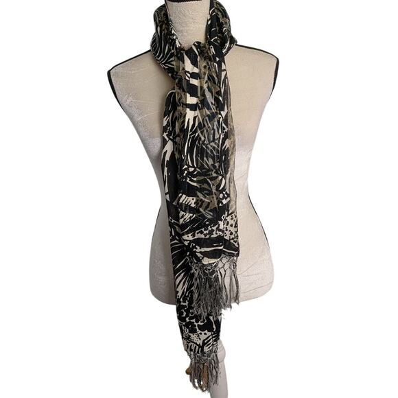 Coldwater Creek Botanical Tropical mixed Media Fringe Scarf Sheer Silk Viscose - Picture 3 of 5